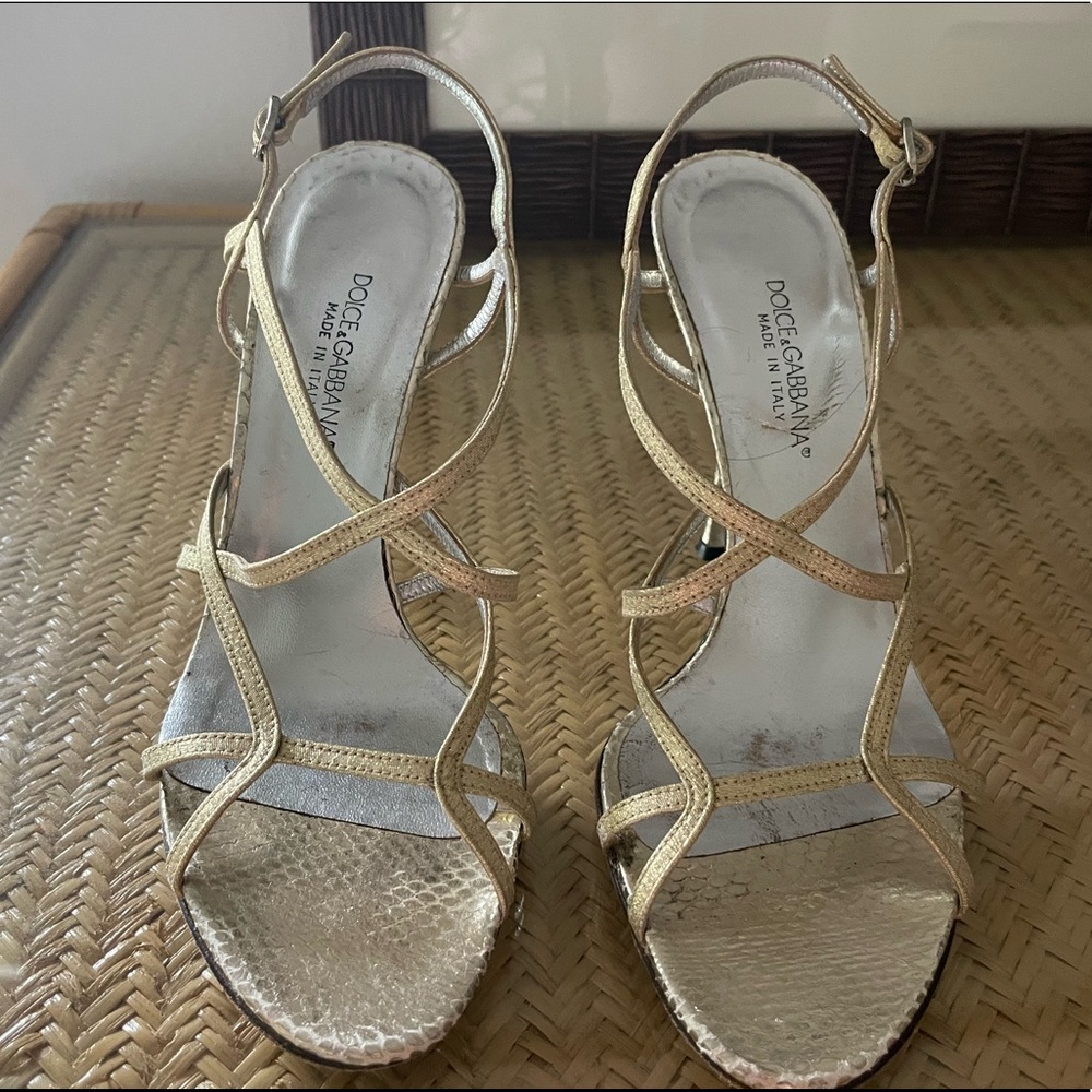 DOLCE&GABBANA Gold Embossed Snake Skin Heeled Sandal